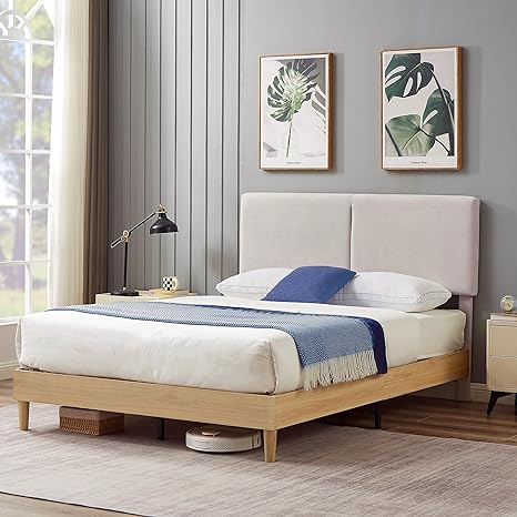 VECELO Queen Bed Frame Upholstered Platform Beds with Height-Adjustable Cotton and Linen Headboard, Heavy Duty Wood Slats, 6" Under-Bed Space, Noise-Free, No Box Spring Needed,Easy Assembly