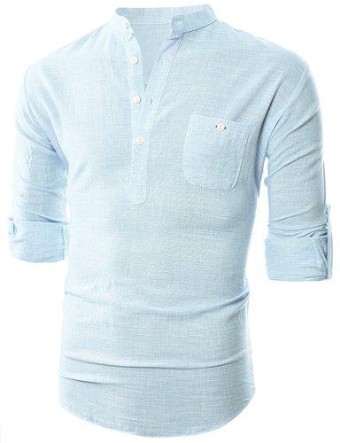 Ohoo Mens Slim Fit Ultra Light Cotton Linen Blend Long Sleeve Popover Work Shirt