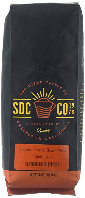 San Diego Coffee Organic French Decaf Dark Roast Whole Bean, 16-Ounce Bags (Pack of 2)