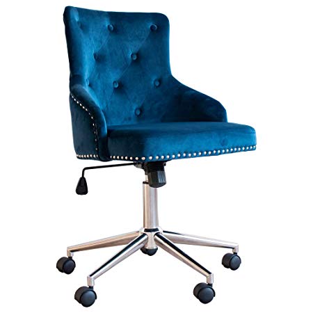 Irene House Modern Mid-Back Tufted Velvet Fabric Computer Desk Chair Swivel Adjustable Accent Home Office Task Chair Executive Chair with Soft Seat (Blue)