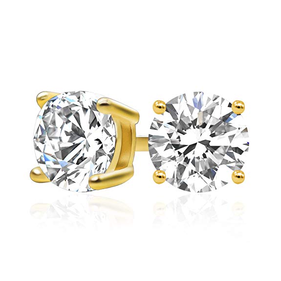 Spoil Cupid 14k Gold Plated Sterling Silver Cubic Zirconia Classic Basket Prong Set Stud Earrings