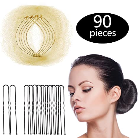 Hair Nets Invisible Elastic Edge Mesh and U Shaped Pins Set, 50 Pieces 50 cm Individual Package Invisible Hair Nets, 40 Pieces U Shaped Pins for Ballet Bun, Sleeping, Women and Wig(Beige)