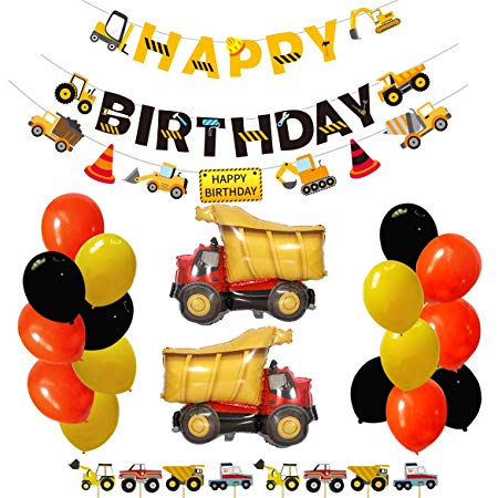 Construction Party Supplies Special Dump Truck Theme Happy Birthday Decorations Kits Set for Boys and Adults with 1 Pc Happy Birthday Banners,1 Pc Trucks Garland, 17 Balloons, 24 Pcs Cake Toppers, Signs, Decors(Set 65 Pcs)