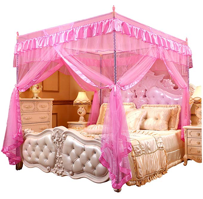 Mengersi Princess 4 Corners Post Bed Curtain Canopy Mosquito Netting (Pink, Full)