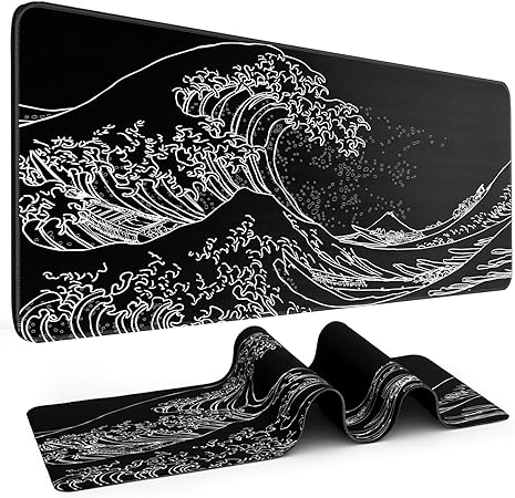 DIGSOM Black Mouse Pad Gaming Japanese Sea Wave Mouse Pad 31.5 x 11.8in Waterproof Gaming Keyboard Pad for Desk with Anti-Slip Rubber Base and Stitched Edges, Extended XL Keyboard Mat