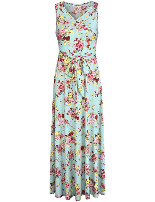 Aphratti Women's Summer Casual Faux Wrap V Neck Floral Long Maxi Dress
