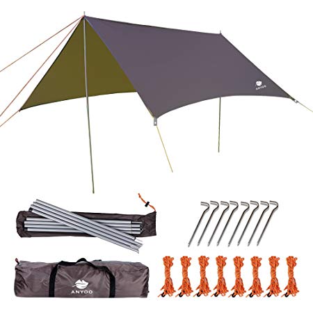 Anyoo Ripstop Rain Tarp Beach Tent Hammock Fly Sunshade 3 X 3m Lightweight Waterproof Shelter For Camping Hiking Backpacking Poles Stakes Included