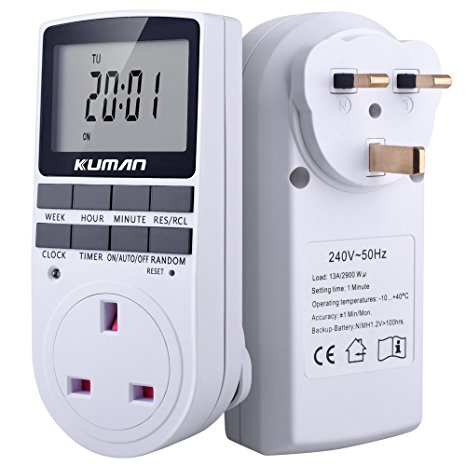 Kuman UK 12/24 Hour 7 Day Digital Programmable Socket w/ Tutorial Timer LCD Display Electronic Timer plug-in time switch Plug Wall Home Switch (1 Pack) W45
