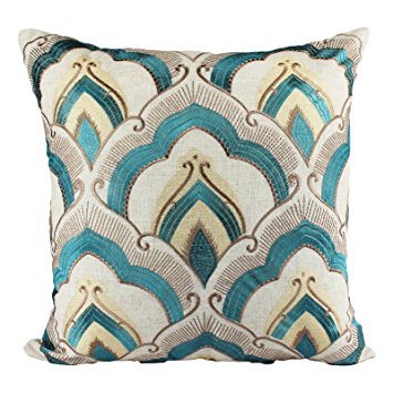 Homey Cozy Embroidered Linen Throw Pillow Cover, Raybrook Tan and Teal Floral Decorative Square Couch Cushion Pillow Case 20 x 20 Inch, Cover Only