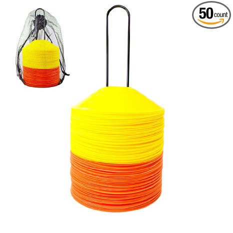 Agility Disc Cones - Pack of 50 or 100 Cones - Perfect for Soccer, Football Training & More - Includes Disc Cone Carrier Bag & Stand