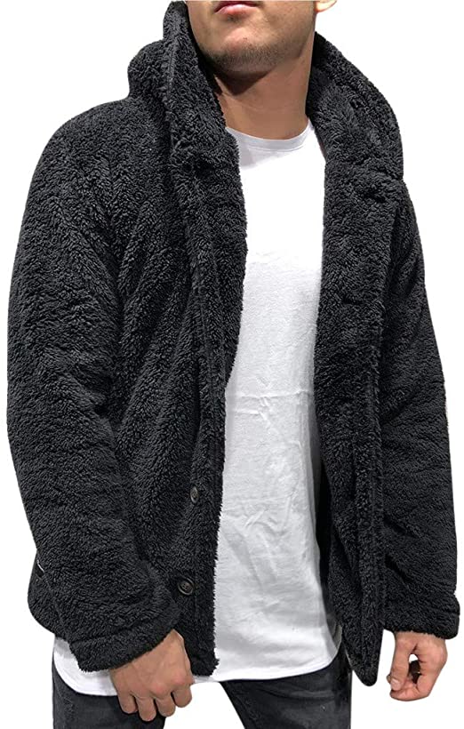 OMINA Mens Fluffy Hoodie Sweaters Autumn Winter Warm Fleece Cardigan with Buttons Lightweight Fashion Casual Teddy Coat
