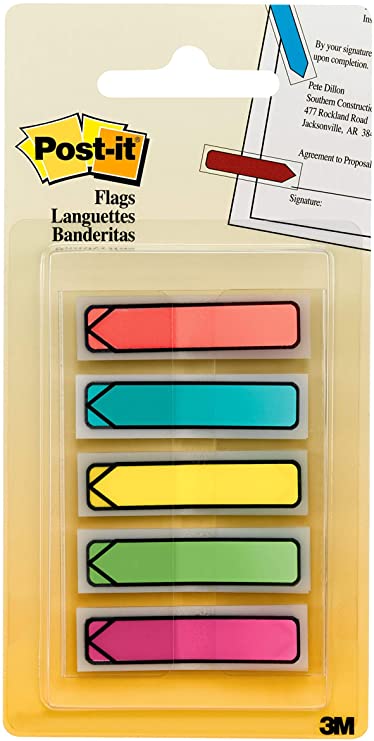 Post-it Arrow Flags, Assorted Bright Colors, .47 in. Wide, 100/On-the-Go Dispenser, 1 Dispenser/Pack, (684-ARR2)