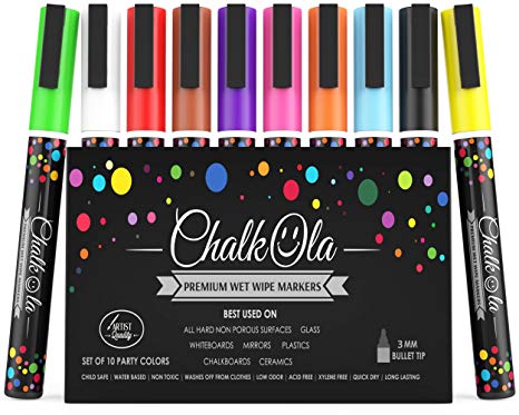 Fine Tip Chalk Pens - Pack of 10 colour markers - Use on Chalkboard, Whiteboard, Window, Blackboard - 3mm Reversible nib