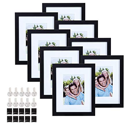 Sindcom 8x10 Black Picture Frames, Set of 8, MDF Composite Wood Photo Frames, with Mat and Glass Face, Mounting Hardware Included, for Wall or Tabletop Display