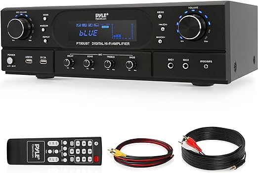 Pyle Home Bluetooth Theater Receiver Amplifier - 500 Watts Peak Power Amp w/Treble, Bass, Echo Control, MP3/USB/FM, Dual Channel Audio Stereo System for Streaming Entertainment, Karaoke