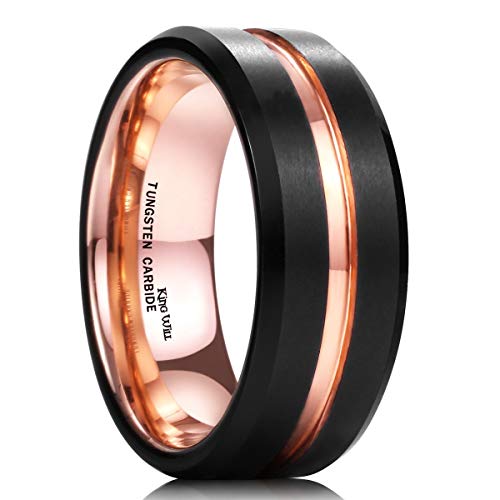 King Will DUO Mens 8mm Black Matte Finish Tungsten Carbide Ring 18K Rose Gold Plated Beveled Edge Wedding Band