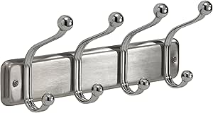 InterDesign York Lyra Wall Mount Storage Rack – Hanging Hooks for Jackets, Coats, Hats and Scarves - 4 Dual Hooks, Chrome