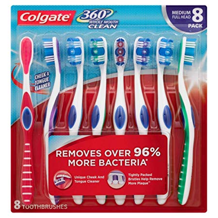 Colgate 360 Toothbrush with Tongue and Cheek Cleaner - Medium (8 Pack)