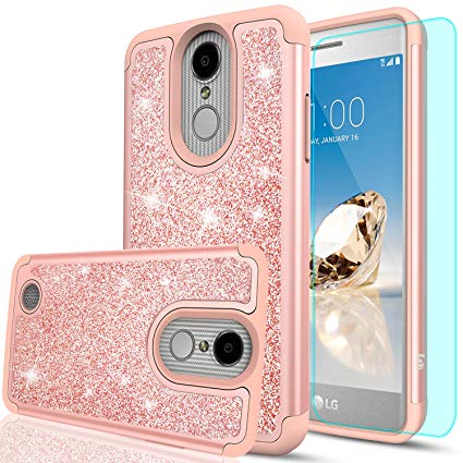 LG Aristo Case,LG Risio 2 Case,LG Phoenix 3/Fortune/Rebel 2 LTE/K8 2017 Case with HD Screen Protector for Girl Women,LeYi Glitter Cute [PC Silicone Leather] Protective Case for LG LV3 TP Rose Gold
