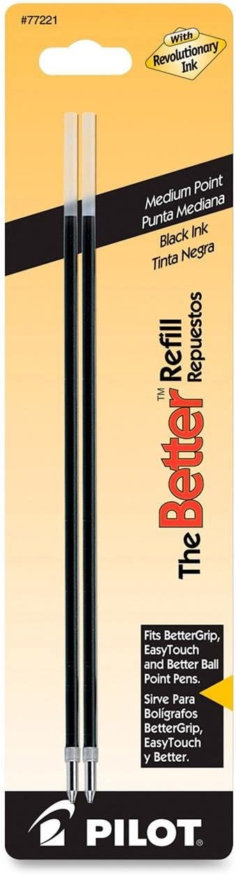 PILOT Ballpoint Ink Refills for Better or EasyTouch Stick Pens, Medium Point, Black Ink, 2-Pack (77221)