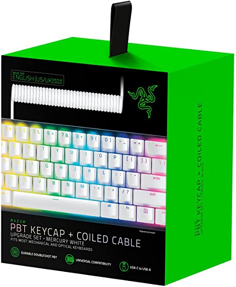 Razer PBT Keycap   Coiled Cable Upgrade Set: Durable Doubleshot PBT - Universal Compatibility - Keycap Removal Tool & Stabilizers - Tactically Coiled & Designed - Braided Fiber Cable - Mercury White