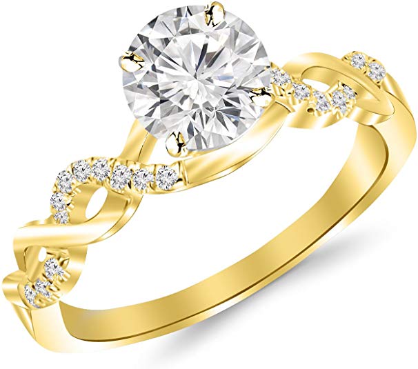 0.5 Carat Twisting Infinity Gold and Diamond Split Shank Pave Set Diamond Engagement Ring with a 0.35 Carat J-K I2 Center