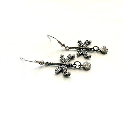 Dragonfly Earrings Steampunk antique silver crystal Dangling Handmade Gift by Aunt Matilda