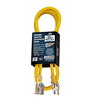 6 ft 12 Gauge Heavy Duty Indoor Outdoor SJTW Lighted Extension Cord by Watts Wire - Yellow 6 foot 12 AWG Copper Lighted Grounded 12/3 Extension Cord