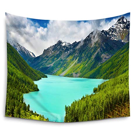 Mugod Mountain Nature Tapestry Beautiful Turquoise Lake Kucherlinskoe In Altai Mountains Wall Hanging Tapestry - Cotton Polyester Fabric Wall Art Tapestries Home Decor - 51" H x 60" W Inches