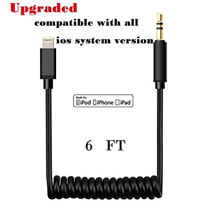 Coiled Car Cable for iPhone 7 ,Seekermaker lightning to male port Cable for iPhone 7 7plus 6 6s 6 Plus , iPad Air Pro Mini, iPod Touch- Black
