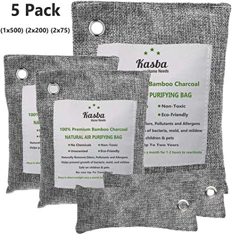 Activated Bamboo Charcoal Air Purifying Bags, Natural Home, Pets, Closet, Shoes and Car Odor Eliminator Absorber, Charcoal Odor Deodorizer Bags 5 Pack (1 x 500g) (2 x 200g) (2 x 75g)
