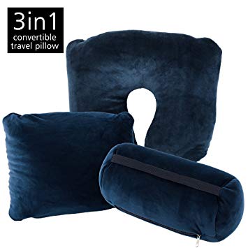 Jml 3 in 1 Travel Pillow - Feather Soft Neck Support Pillow with Foam Particles for Business Travel and Home (Navy)