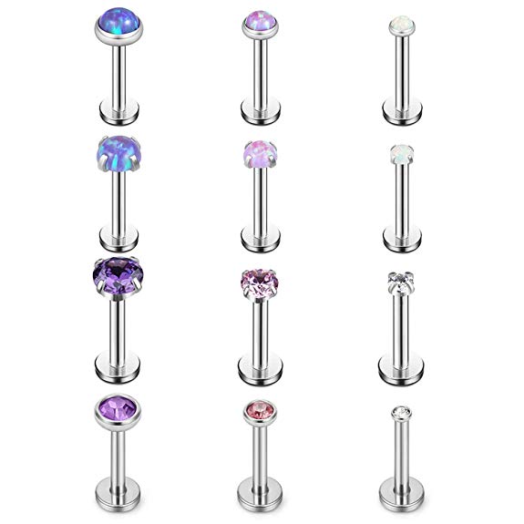 Ruifan Opal Jeweled Internally Threaded Stainless Steel Labret Monroe Lip Ring Tragus Helix Earring Stud 16G 5/16" 8mm 3-12PCS