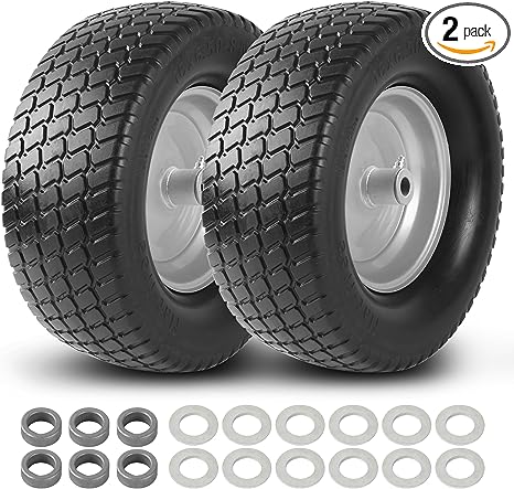 (2-Pack) 16x6.50-8 Tire and Wheel Flat Free - Solid Rubber Riding Lawn Mower Tires and Wheels - With 3" Offset Hub and 3/4" Bushings - 16x6.5-8 Tractor Turf Tire Turf-Friendly 3mm Treads