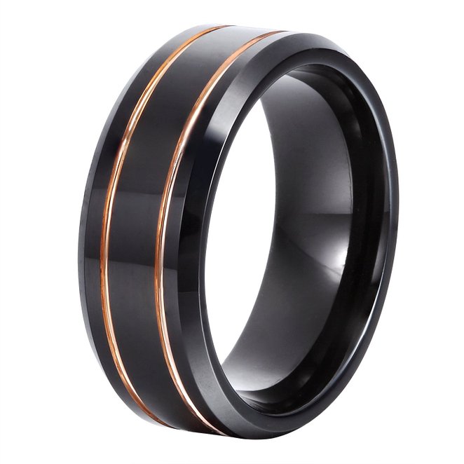 Will Queen 8mm Black Tungsten Rings with Rose Gold Grooves Men's Wedding Bands, Top Polished, Comfort Fit