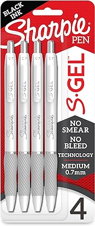 SHARPIE S-Gel, Gel Pens, Medium Point (0.7mm), Pearl White Body, Black Gel Ink Pens, 4 Count (Pack of 1)