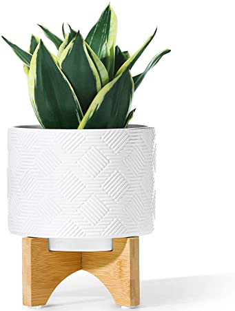 POTEY Ceramic Planter with Wood Stand - 6.1 Inch Mid Century Plant Pots for Indoor Flowers Modern Decorative Medium Houseplants Container, Drainage Hole Included - White 029412