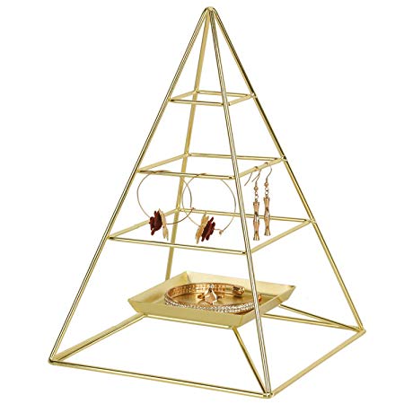 Simmer Stone 3 Tier Pyramid Hanging Jewelry Organizer, Metal Jewelry Display Stand with Tray, Decorative Tower Holder Storage Rack for Earring, Necklace, Bracelet and Accessories, Gold