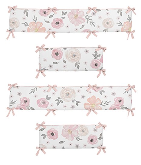 Sweet Jojo Designs Blush Pink, Grey and White Baby Crib Bumper Pad for Watercolor Floral Collection Rose Flower