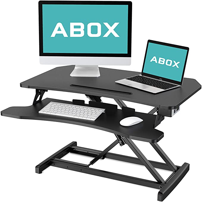 ABOX Electric Powered Standing Desk Converter, 34" Wide Adjustable Height Dual Monitors Desk Riser, 2.0A 10W USB Charger Removable Keyboard Tray, Black