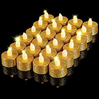 24 Pieces LED Gold Tea Lights Flameless Votive Tea Lights Candles Electric Glitter Tea Lights Battery Operated Flickering Tealight Candles Sparkler Candles for Valentine's Day, Table Wedding, Party