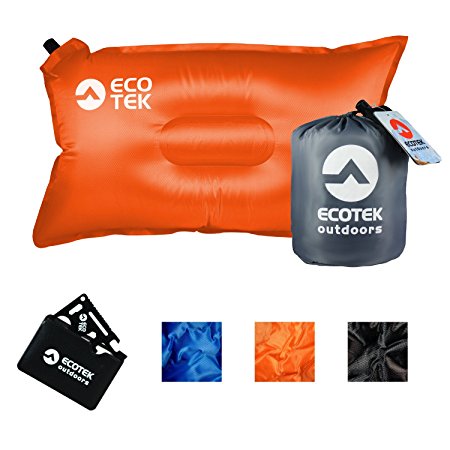 EcoTek Outdoors Compact Inflatable Camp Travel Pillow   Bonus 11-in-1 Wallet Multitool Survival Card