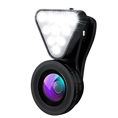KeeKit 3 in 1 Cell Phone Lens Kit, 10 LED Rechargeable Beauty Selfie Light, 15X Macro Lens, 0.4X-0.6X Wide Angle Lens, 3 Adjustable Brightness Fill Light for iPhone, Samsung & Most Smartphones