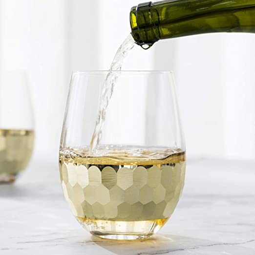 MyGift Glass & Gold-Tone Hammered Design Stemless Wine Glasses, Set of 4