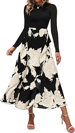 BTFBM Womens Fall Fashion 2024 Floral Maxi Dress Casual Crewneck Long Sleeve Ruffle Flowy Cocktail Wedding Guest Dresses