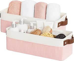 StorageWorks Narrow Storage Bins, Small baskets for Organizing, Long Storage Basket with Handles, Fabric Storage Bins for Shelf, Pink and White, 2-Pack