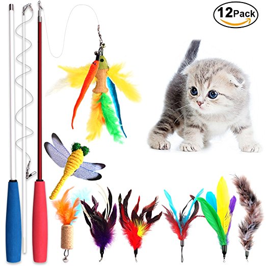 Cat Feather Toy, Cat Toy Wand Sold by Peroom, 12 pcs Retractable Interactive Cat Teaser Wand Toy Set, Included 2 Wands & 10 Refills Feathers