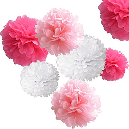 18pcs Tissue Hanging Paper Pom-poms, Hmxpls Flower Ball Wedding Party Outdoor Decoration Premium Tissue Paper Pom Pom Flowers Craft Kit (Pink& White)