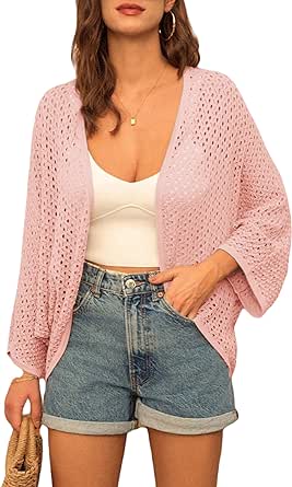 GRACE KARIN Open Front 3/4 Sleeve Batwing Cardigan for Women Lightweight Crochet Summer Cardigan Hollow-out Cover Ups