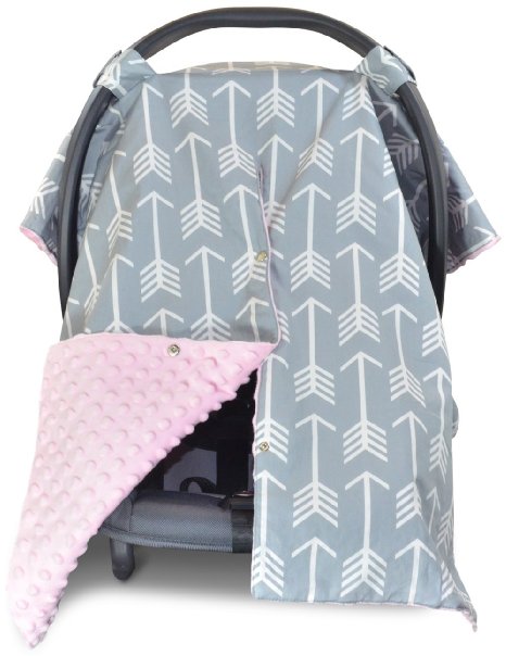 Premium Carseat Canopy Cover and Nursing Cover- Large Arrow Print with Soft Pink Dot Minky | Best for Infant Car Seat, Boy or Girl | All Weather | Universal Fit | Baby Shower Gift | Newborn Decor